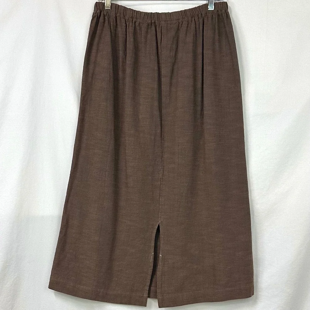 CP SHADES Vintage Brown Linen Cotton Midi Skirt Elastic Waist L Lagenlook Boho